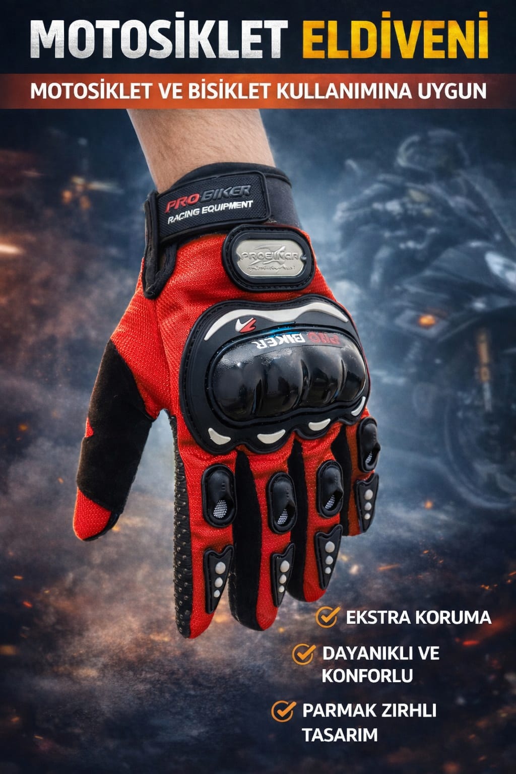 Motosiklet Eldiveni KIRMIZI Kemik Korumalı Unisex Motorsiklet Bisiklet Eldiveni Korumalı