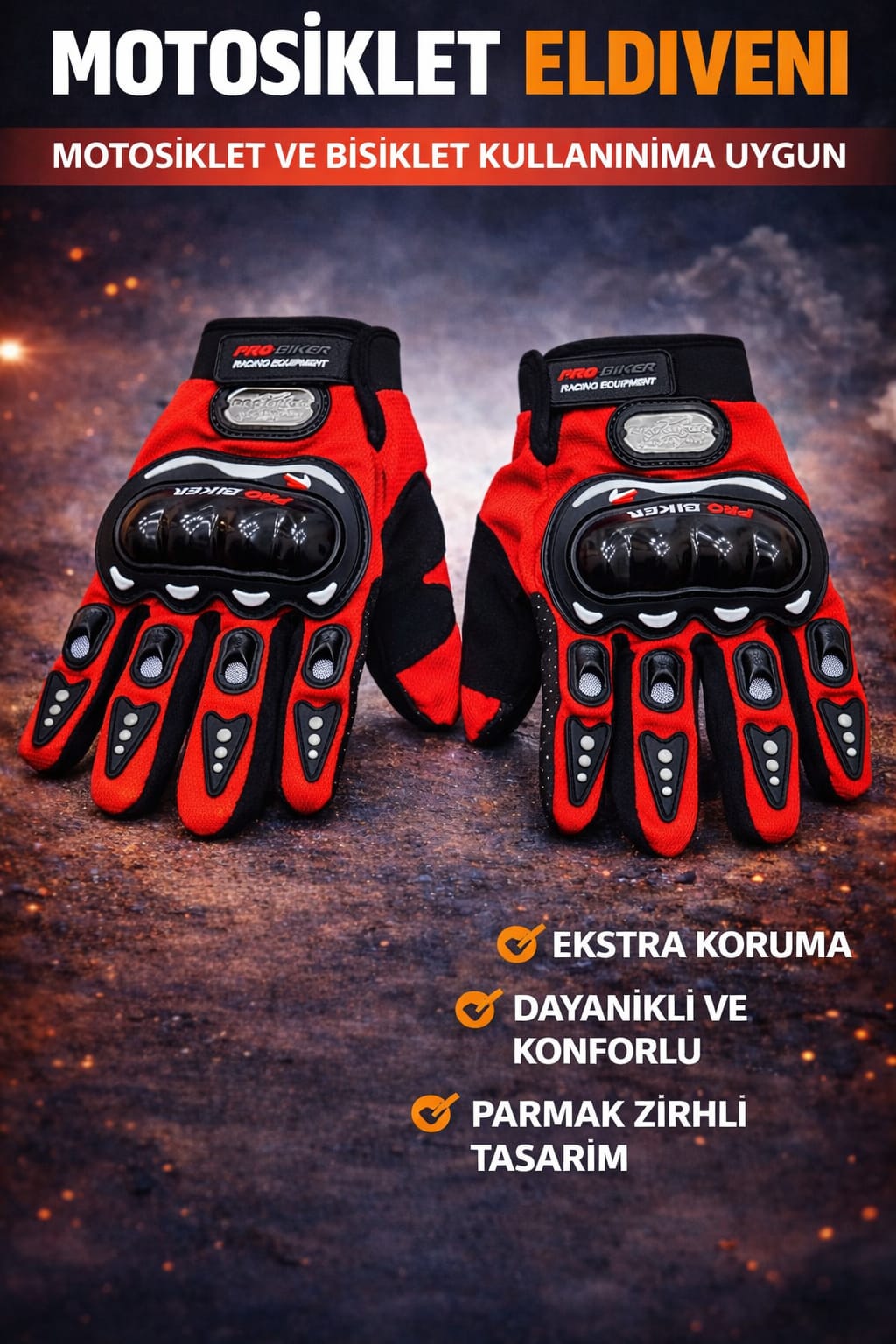 Motosiklet Eldiveni KIRMIZI Kemik Korumalı Unisex Motorsiklet Bisiklet Eldiveni Korumalı