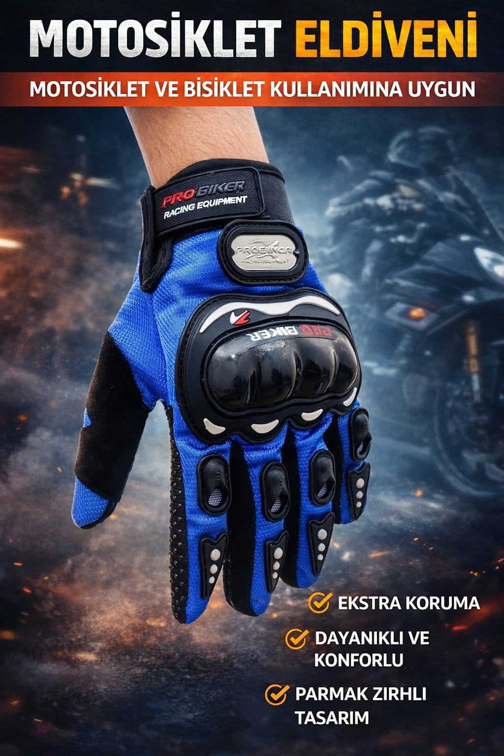 Motosiklet Eldiveni MAVİ Kemik Korumalı Unisex Motorsiklet Bisiklet Eldiveni Korumalı