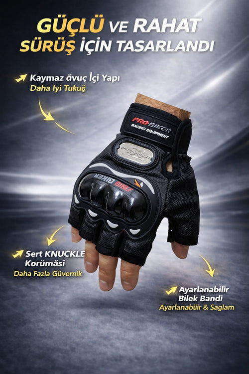 Motosiklet Bisiklet Yarım Kısa Kesik Parmaklı Parmaksiz Eldiven Üstün Korumalı Yazlık (SİYAH)