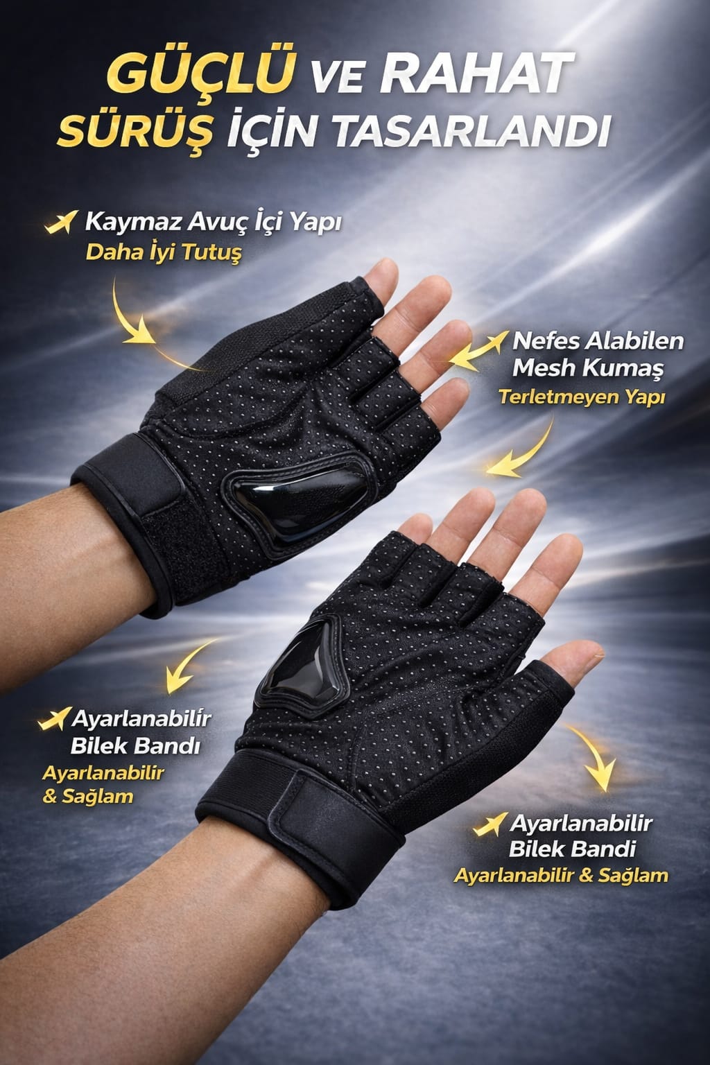 Motosiklet Bisiklet Yarım Kısa Kesik Parmaklı Parmaksiz Eldiven Üstün Korumalı Yazlık (SİYAH)