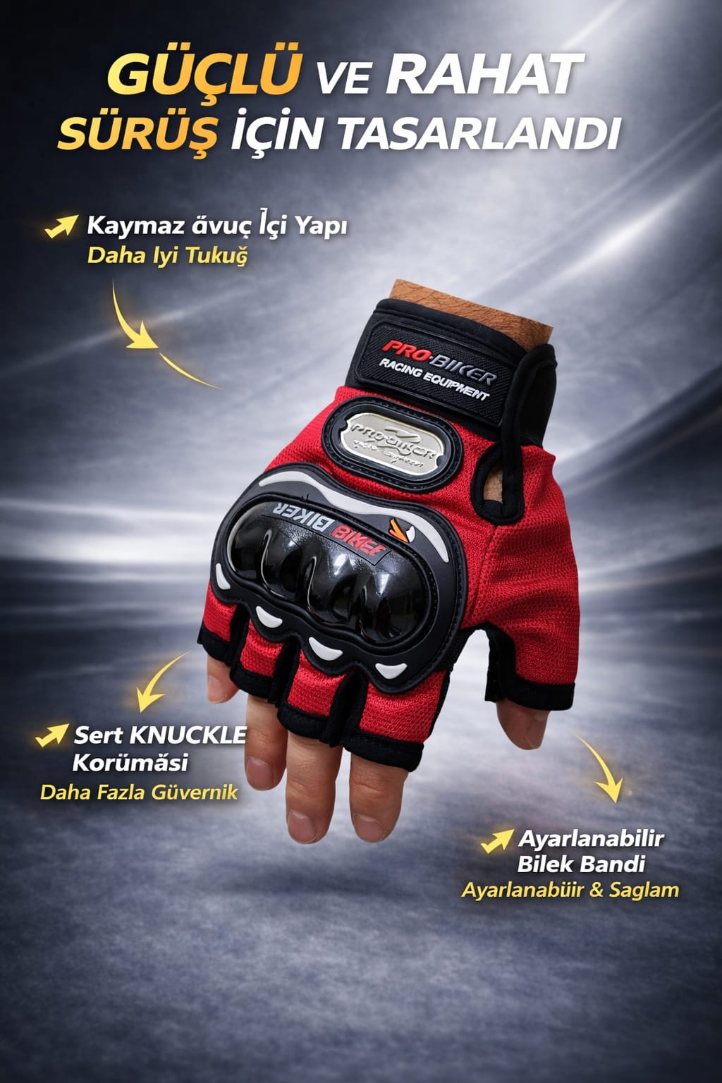 Motosiklet Bisiklet Yarım Kısa Kesik Parmaklı Parmaksiz Eldiven Üstün Korumalı Yazlık (KIRMIZI)