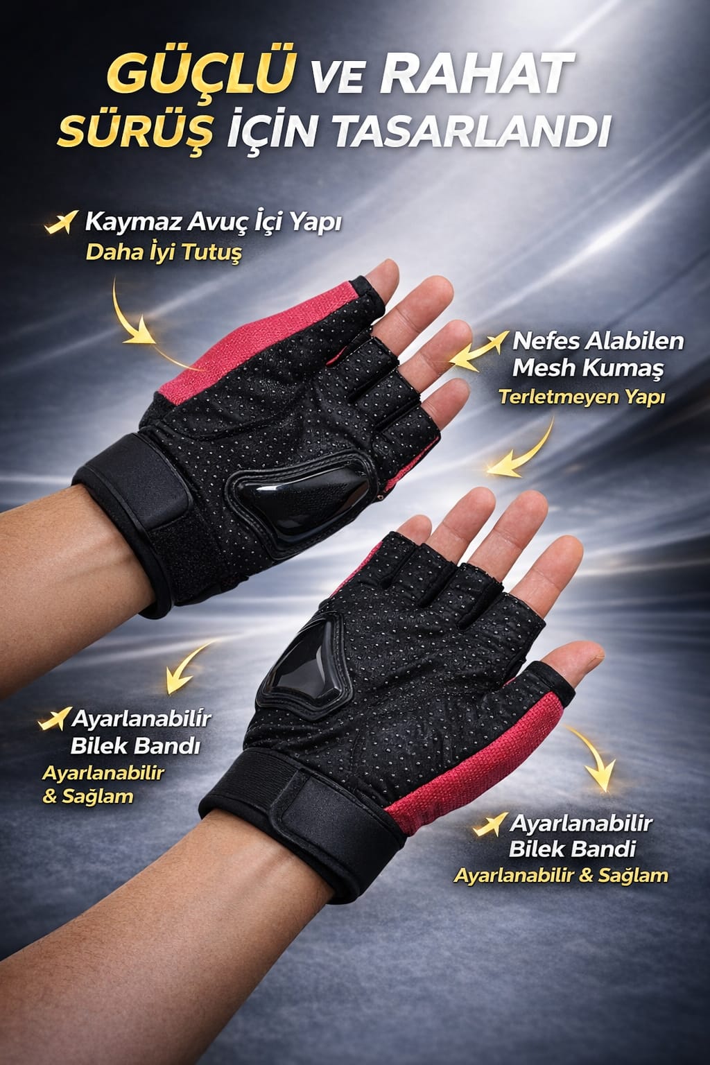 Motosiklet Bisiklet Yarım Kısa Kesik Parmaklı Parmaksiz Eldiven Üstün Korumalı Yazlık (KIRMIZI)